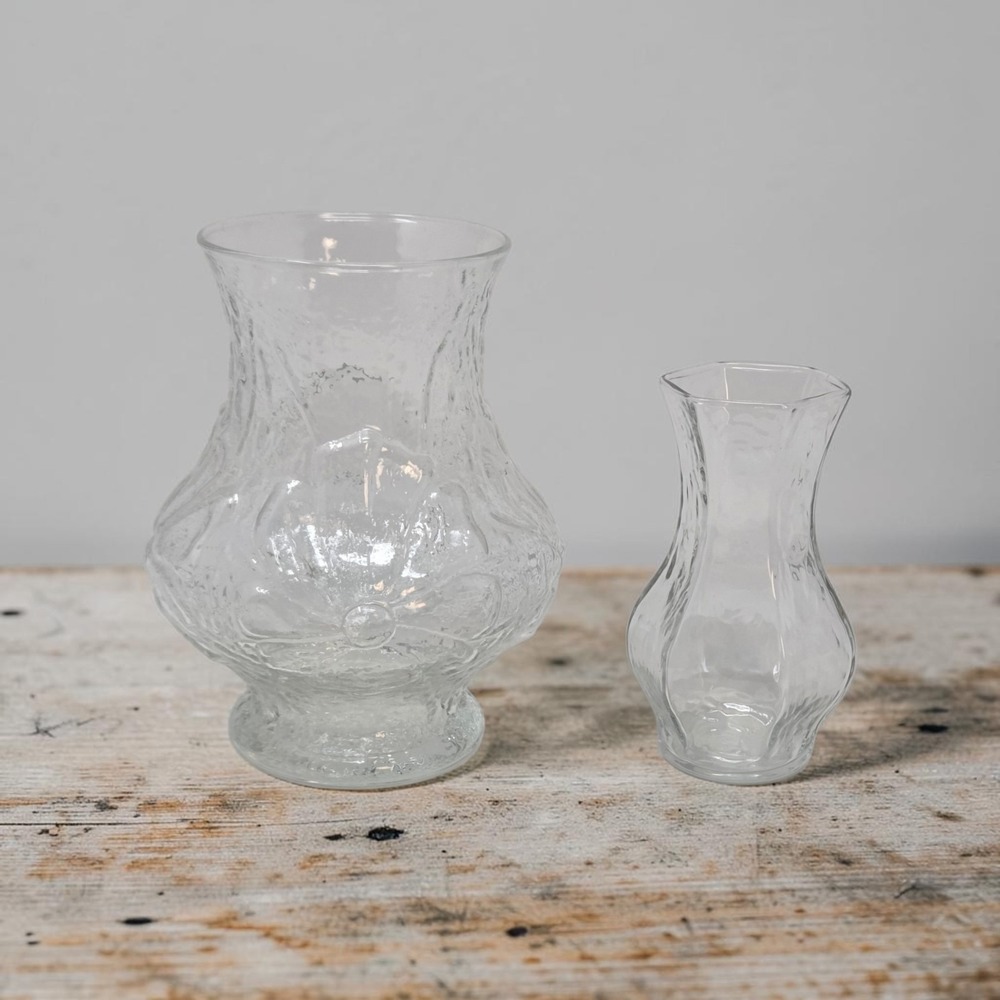 Vintage Crinkle Glass Vase Pair Clear MCM Pedestal Florist Vases Set of 2